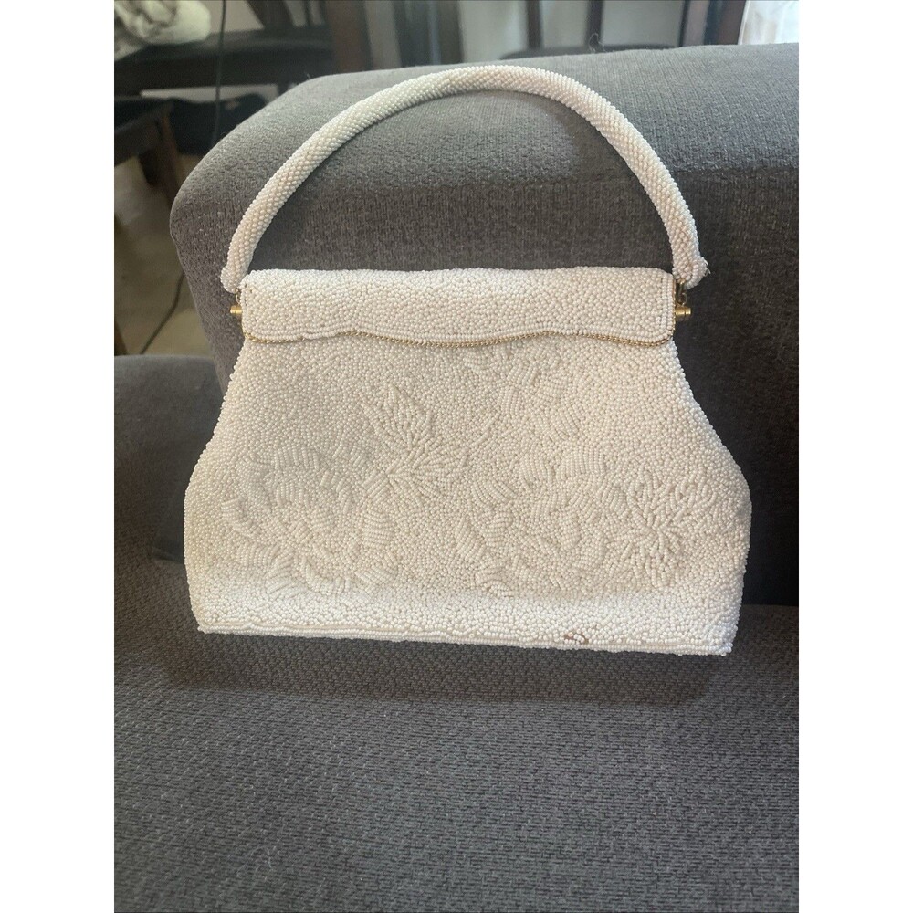 Vintage LA REGALE Off white BEADED evening Purse.  Beautiful, With Minor Stain.